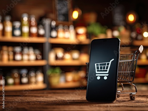 Smartphone with shopping cart icon, grocery store background