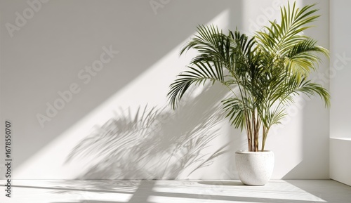Sunlight streams onto a palm plant in a white room