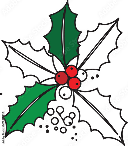 Holly Berry Branch Line Art With Color christmas winter