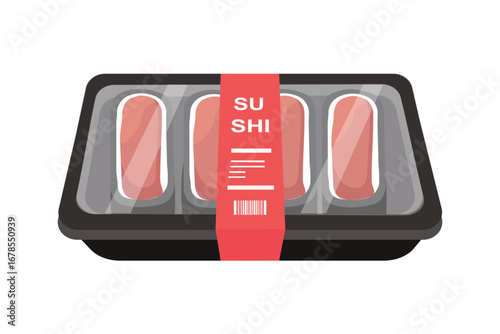 Sushi takeout tray with label. Beef sushi. Salmon sushi/ Japanese cuisine.