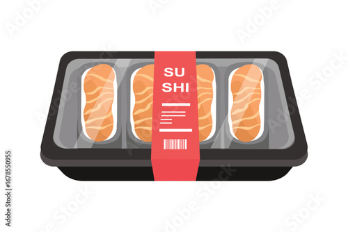 Sushi tray with salmon fresh japanese cuisine. Salmon sushi packaging. Supermarket sale sushi. Sushi delivery. 