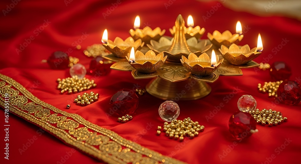 Naklejka premium Lotus Diya with Red Cloth and Beads