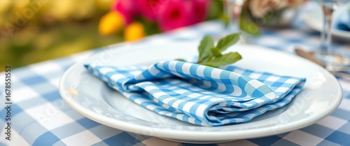 Close-up of pristine white plate, topped with a folded blue and white checkered napkin, outdoor party setting,  blue,  outdoor