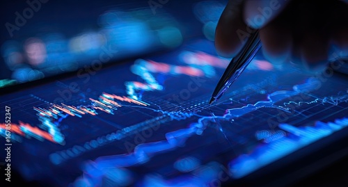 Close-up of hand analyzing stock charts on a tablet
