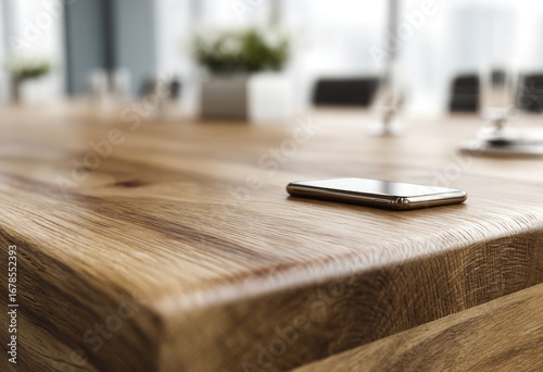 Sleek phone on light brown wooden conference table. Blurry office background