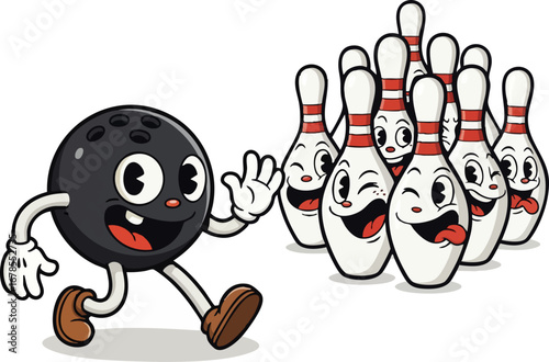 a Cheerful Bowling Ball Rolling Towards Pins