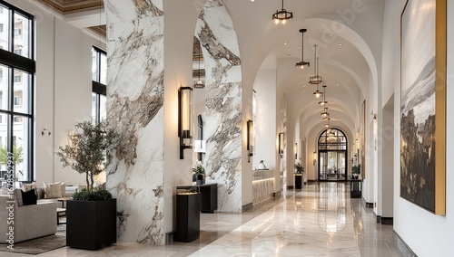 Grand hotel lobby, arched hallway, marble and light