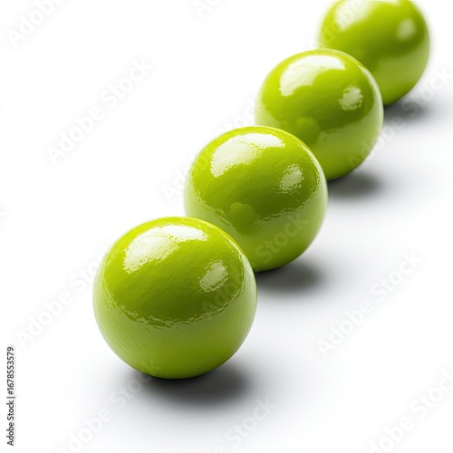 Five vibrant lime-green spheres in a row on white