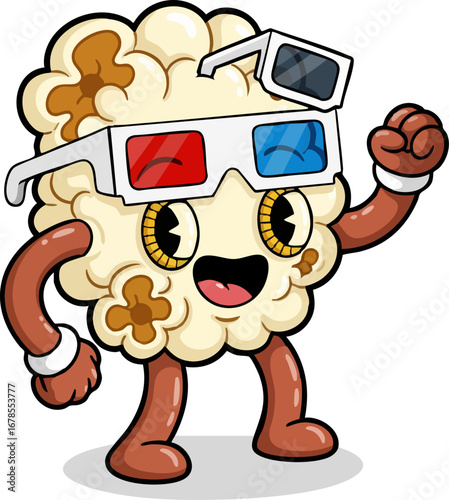 a Happy Popcorn Character in 3D Glasses