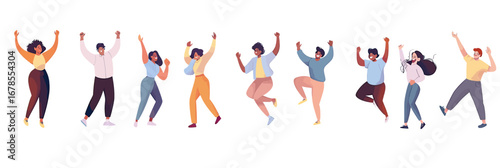 Wallpaper Mural Diverse group of happy people dancing jumping celebrating expressing joy and positive emotions in flat minimalist vector style illustration Torontodigital.ca