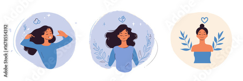 Set of three illustrations showing confident happy woman practicing self care and mindfulness with closed eyes, peaceful face, minimal nature elements and heart symbol in flat style vector