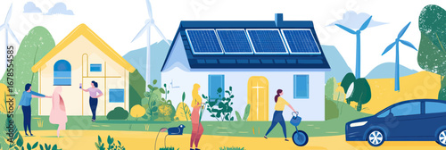 People using eco friendly technology with solar panels, wind turbines, electric car, sustainable energy house exterior in modern flat vector design