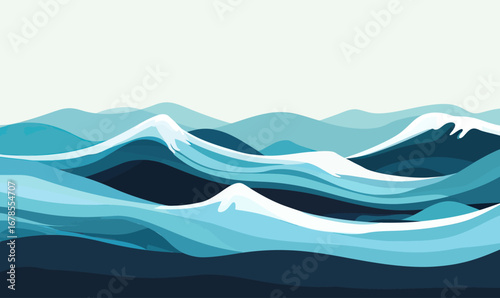 Abstract minimalist ocean waves with dynamic curves and white foam in layered blue shades vector illustration of sea water movement and marine energy concept