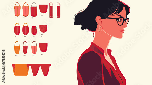 Stylish profile illustration of adult woman with glasses and earrings wearing maroon blouse in flat minimalist vector style with color palette samples on light background