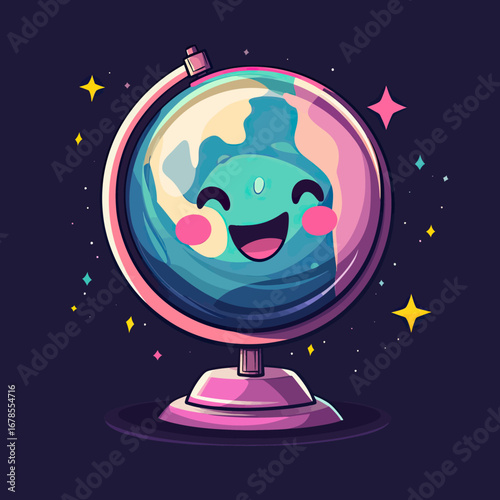 Cute happy smiling Earth globe character with pink cheeks and bright stars around colorful cartoon vector illustration in dark background