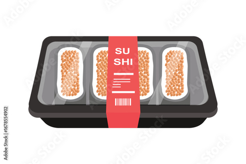 Sushi tray freshly prepared japanese cuisine for takeout. Supermarket packaging food. Sushi packaging. Asian food.