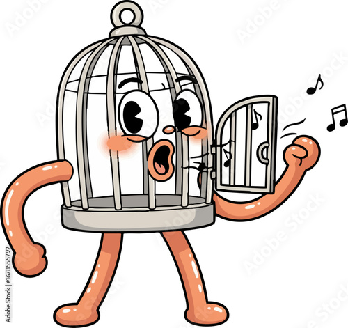 An Open Birdcage Character, Singing Happily