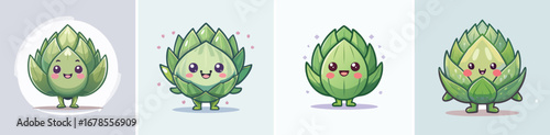 Artichoke vector set of cute cartoon-style characters with arms, legs, and expressive faces.
