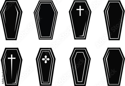 Set of black coffins with cross symbol for funeral and halloween decorations in spooky and scary style