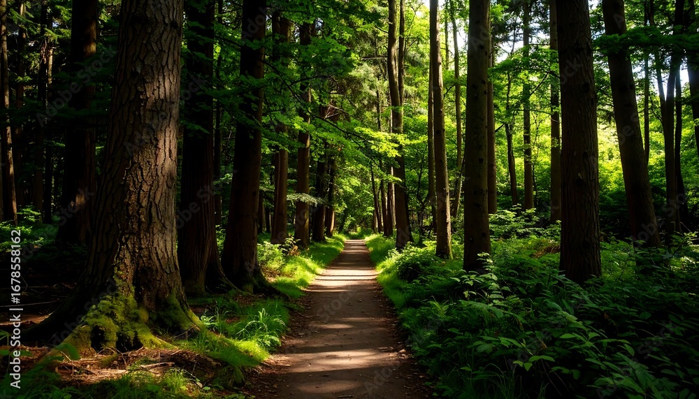Fototapeta premium Sunlit path winding through a dense green forest.