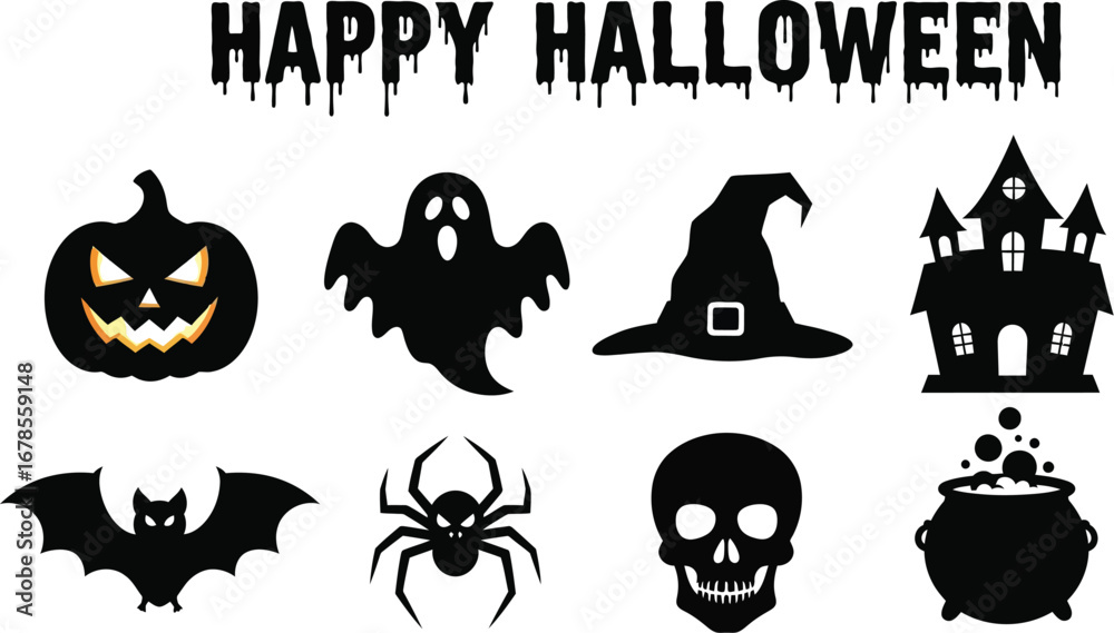Obraz premium Halloween icons, featuring spooky pumpkins, ghosts, witches, bats, spiders, skulls, and cauldrons for festive designs