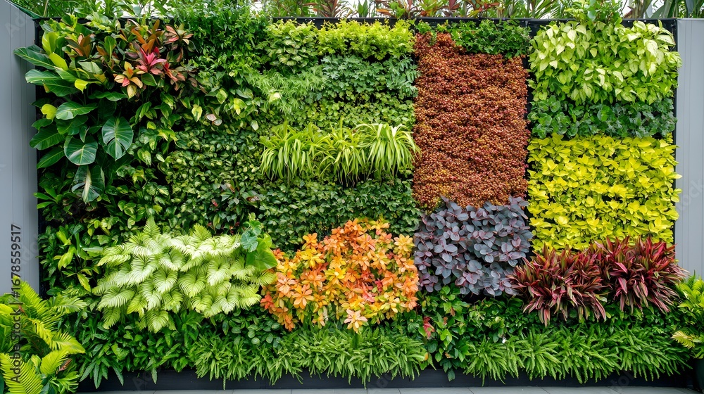 Obraz premium A lush vertical garden wall with a variety of green plants and flowers thriving in colorful patches 