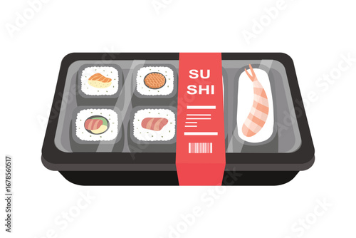 
Sushi bento box a delicious japanese takeout meal. Sushi supermarket packaging. Bento sushi. Japanese cuisine. Delivery food.