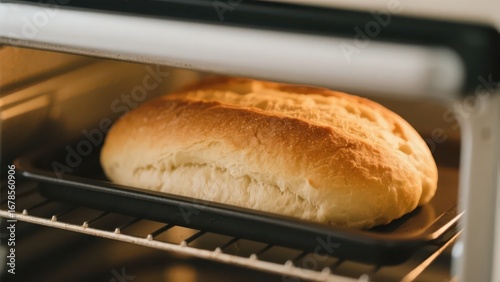 A tempting - looking loaf of bread is baking in the oven, emitting the aroma of baking.
