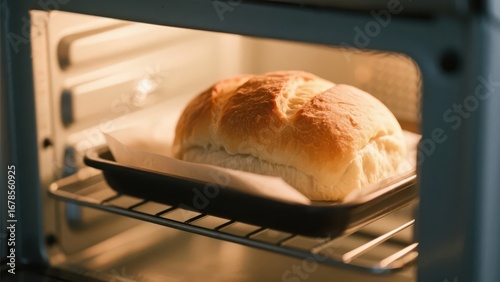 A tempting - looking loaf of bread is baking in the oven, emitting the aroma of baking.
