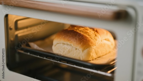 A tempting - looking loaf of bread is baking in the oven, emitting the aroma of baking.
