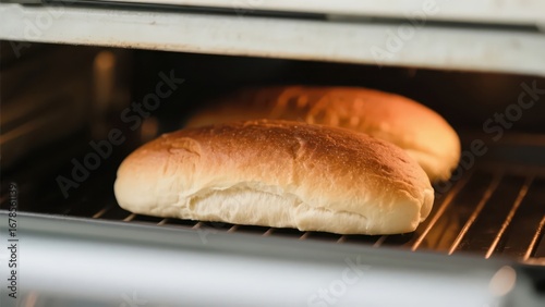 A tempting - looking loaf of bread is baking in the oven, emitting the aroma of baking.
