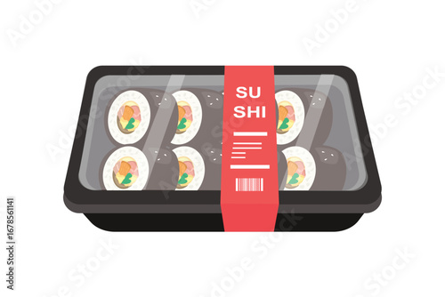 Sushi rolls in a black plastic container with a red label. Supermarket sushi packing. Frozen sushi. Japanese food. 