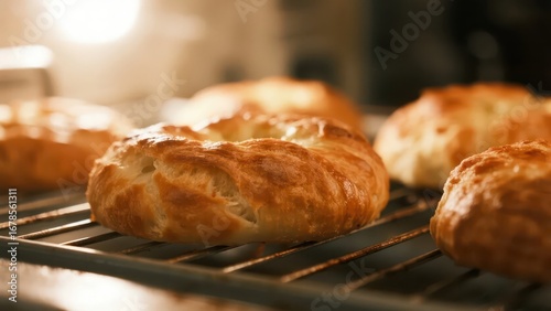 A tempting - looking loaf of bread is baking in the oven, emitting the aroma of baking.
