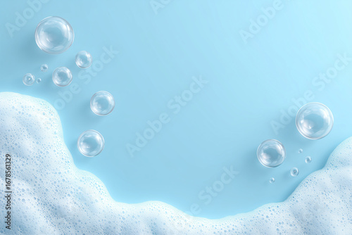 A close-up of soap bubbles and suds on a blue background, with a sense of cleanliness and freshness