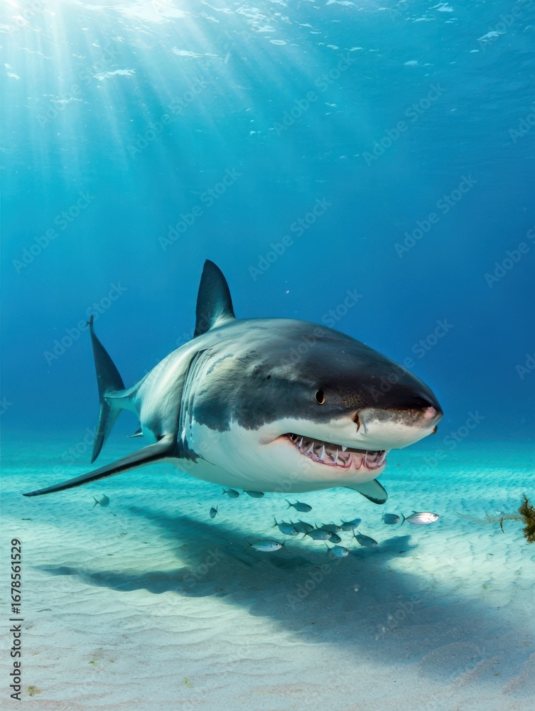 Fototapeta premium A large great white shark swims smoothly over a sandy ocean floor during a sunny day. Small fish swim nearby as light filters down through the water, creating a serene underwater atmosphere