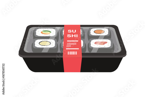 Sushi takeout box. Takeaway sushi packaging. Frozen sushi. Asian food. Supermarket packaging food.