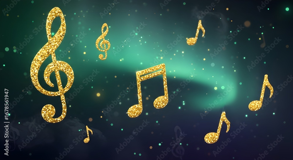 Naklejka premium Golden Music Notes in Cosmic Glow | Treble Clefs and Symbols Floating in Starry Night - music day