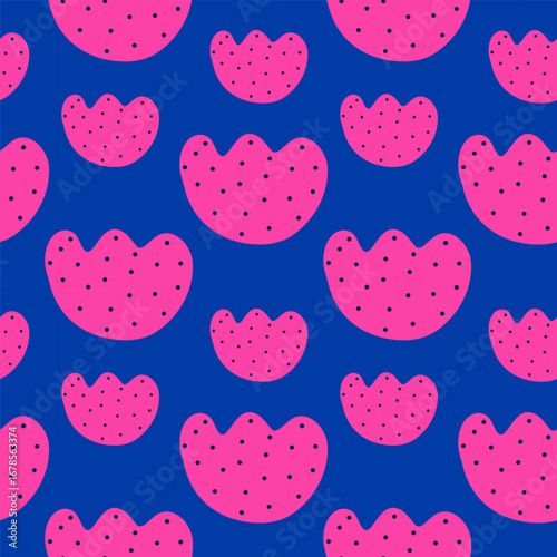 Seamless pink floral abstract shapes on deep blue background, bold maximalism vector pattern for fashion prints and vibrant home decor.