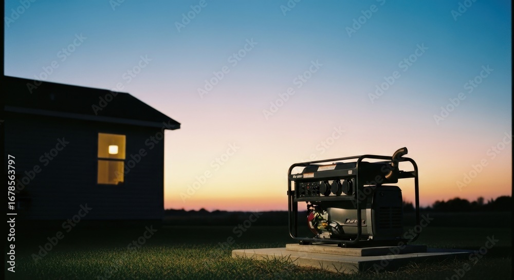 Fototapeta premium Portable generator stands ready outside a house during a power outage at twilight