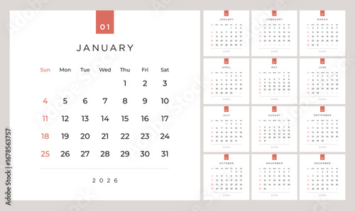 Minimalist style monthly calendar template for 2026 year. English calendar. Week starts on Sunday. Set of 12 months. Simple elegant design. Square composition