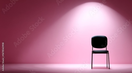 A simple black chair is illuminated on a pink backdrop. The image captures minimalism and tranquility. Perfect for modern designs and artistic purposes. A unique style for various projects. AI