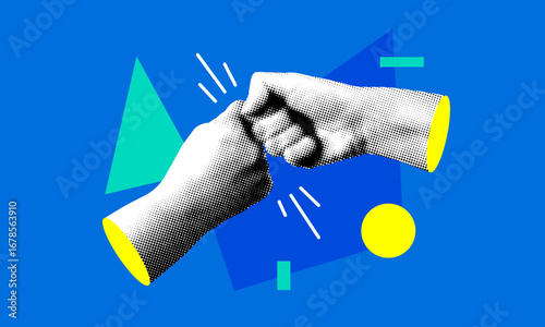 Two halftone hands making fist bump. Friendly greeting gesture. Teamwork. Congratulations on success. Two people holding fists together. Fist collision. Modern collage. Partnership