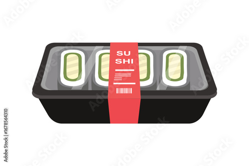 Sushi Takeout box. Sushi packaging. Sushi delivery box. Sushi wrap. Japanese dish. Asian food.