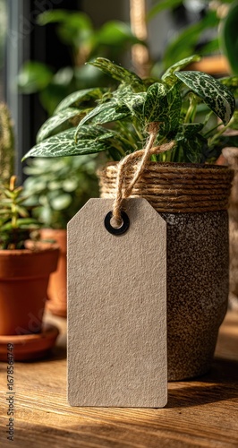 Blank tag hangs on a plant pot, surrounded by other houseplants