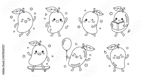 Cute kawaii mango characters having fun coloring book page for kids education
