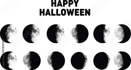 Happy halloween with moon phases for spooky season, perfect for cards, invitations, decorations, and digital designs