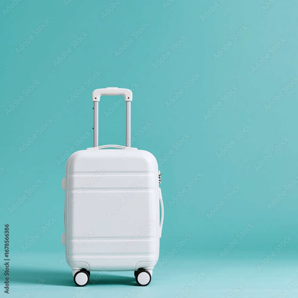 Obraz premium White Suitcase with Telescopic Handle on Solid Teal Background