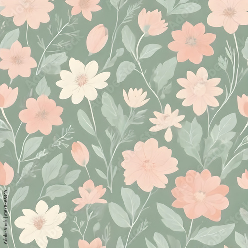 Wallpaper Mural Seamless Pastel Floral Pattern with Pink and Cream Flowers on Sage Green Background Torontodigital.ca