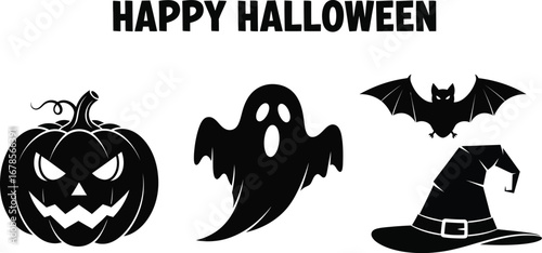 Halloween icons with pumpkin, ghost, bat and witch hat for spooky celebration and holiday designs