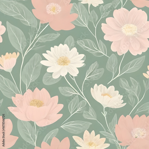 Wallpaper Mural Seamless Pastel Floral Pattern with Pink and Cream Flowers on Sage Green Background Torontodigital.ca